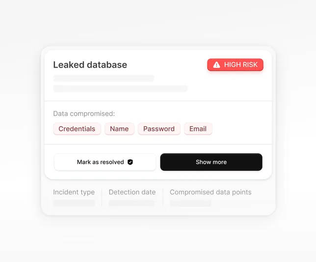 A NordProtect data breach alert screen informing that your credentials, name, password, and email were exposed.