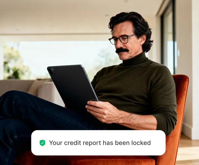 A man viewing a notification from NordProtect informing him that his credit report has been locked.
