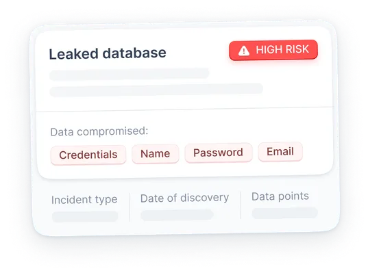 NordProtect dark web monitoring alert showing that the user’s credentials, name, password, and email have been leaked.