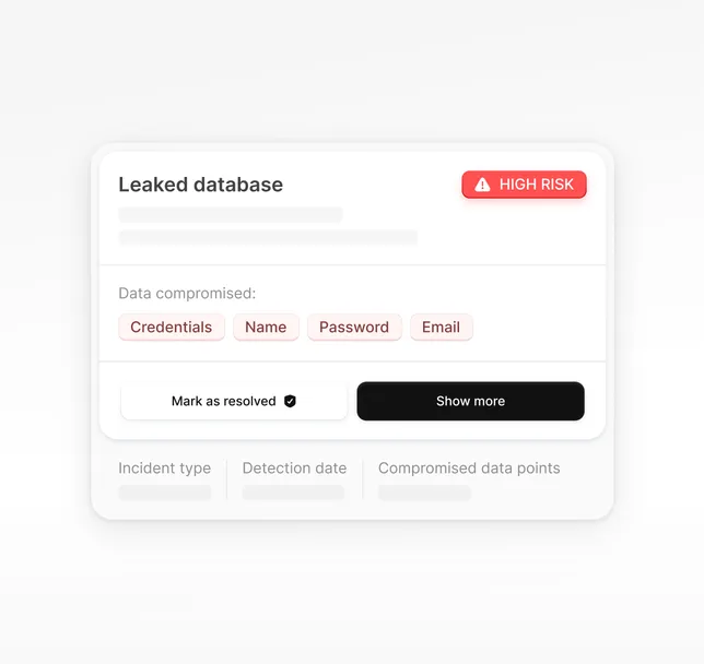 NordProtect alert about a leaked database with exposed information: credentials, name, password, and email address.