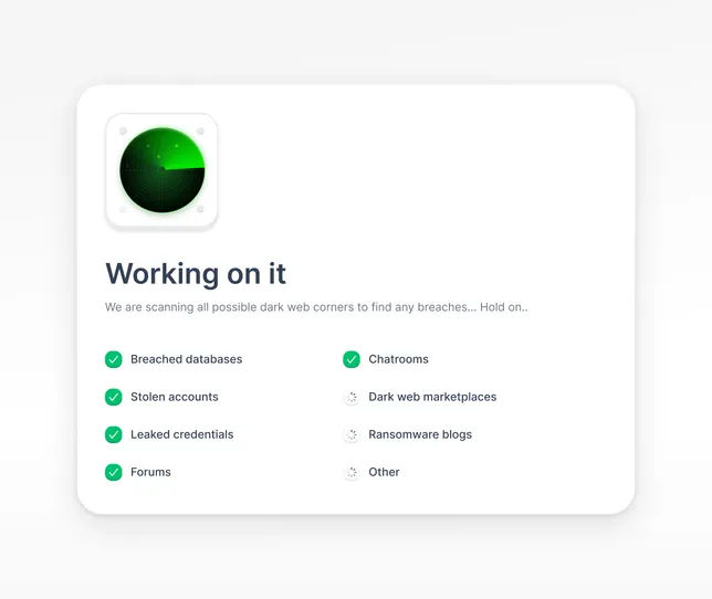 A dark web monitoring interface with a checklist showing completed and in-progress tasks.