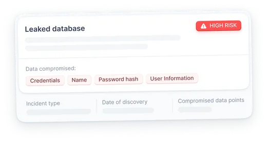 NordProtect dark web monitoring alert showing that the user’s credentials, name, password, and email have been leaked.