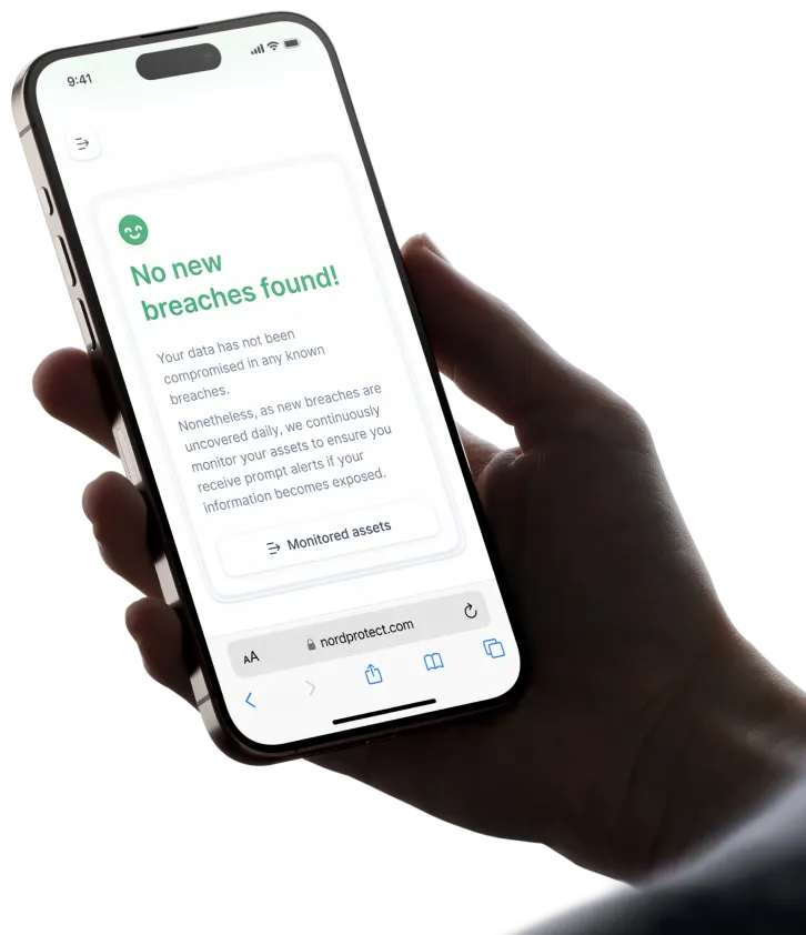 A NordProtect alert tells you no breaches were found.