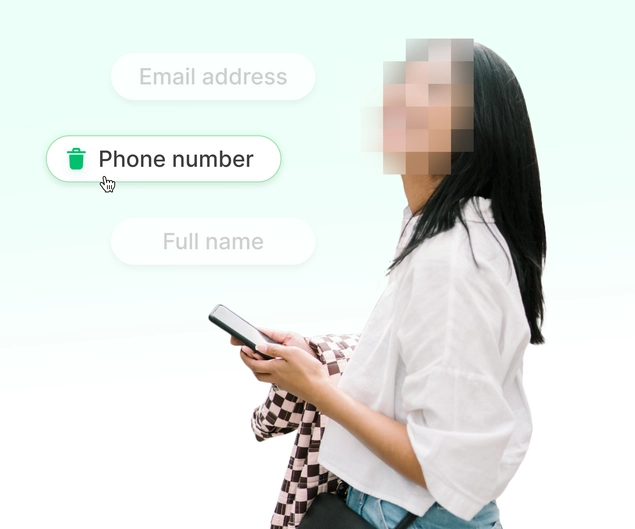 A woman with a blurred face removing her phone number and other data from the internet using Incogni.