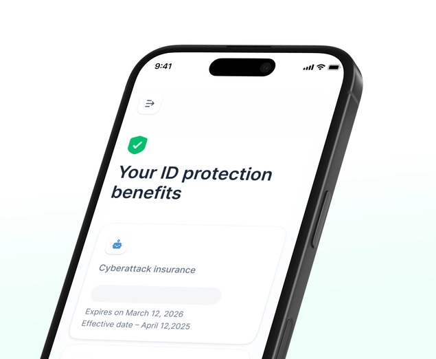 A message on a smartphone confirming ID protection benefits now include cyberattack insurance.